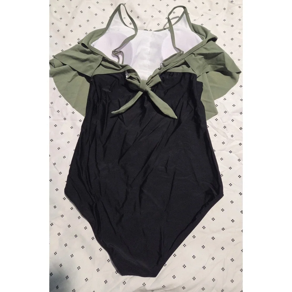 N3w Olive Green Ruffle Flounce One Piece Swimsuit Black Bottoms Girls 15-16Y